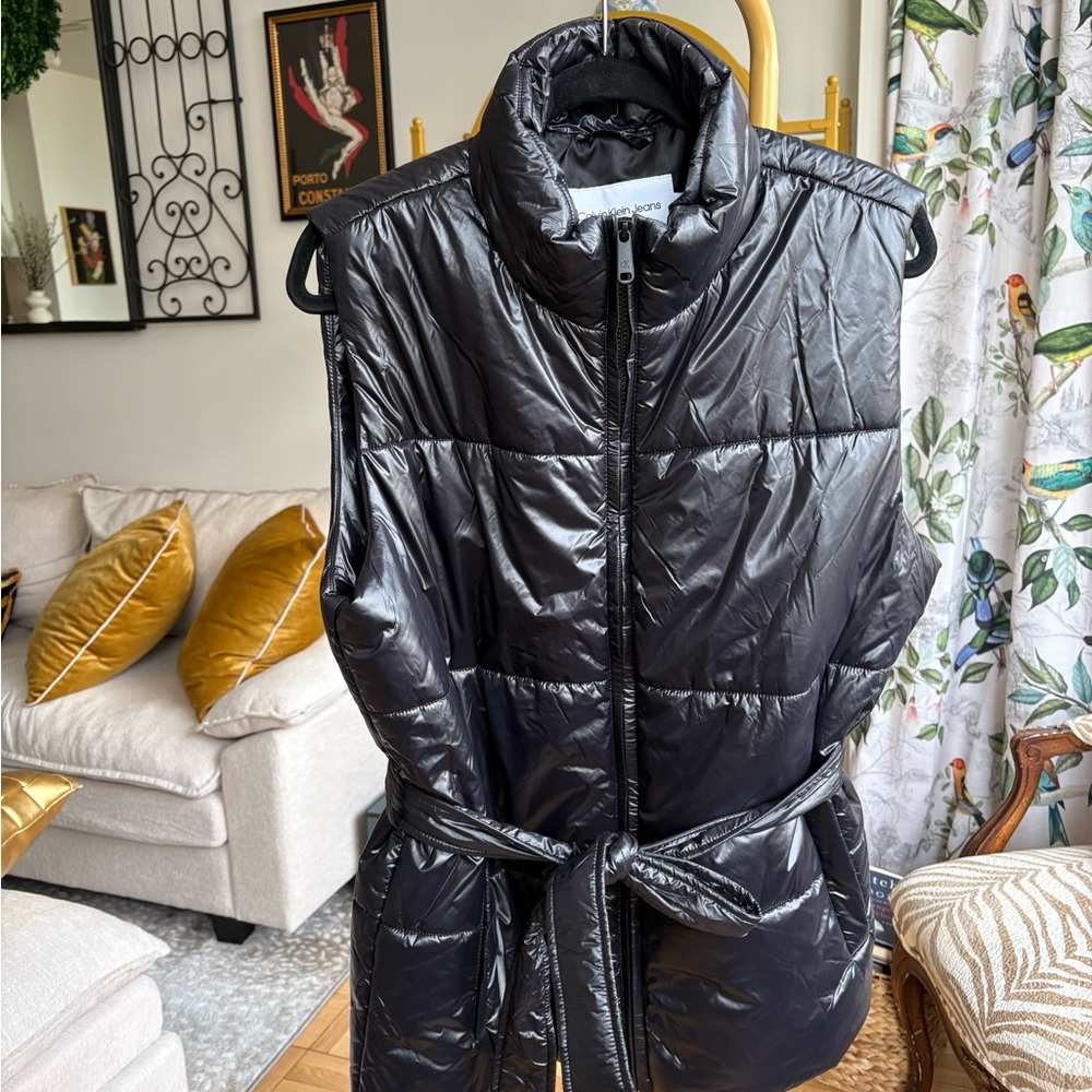 Calvin Klein Shiny Black Quilted Belted Puffer Vest